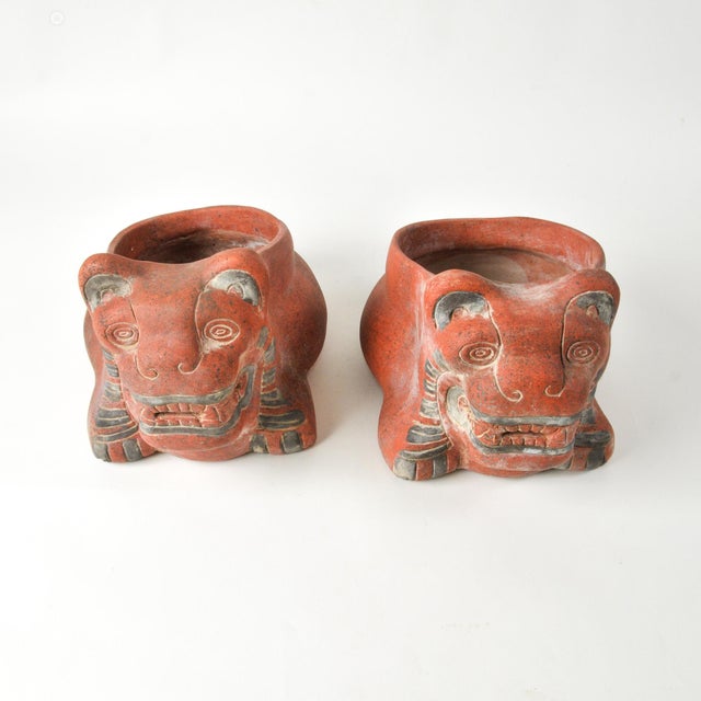 Vintage South American Folk Art Terracotta Jaguar Animal Planter Pair For Sale In Rochester - Image 6 of 8
