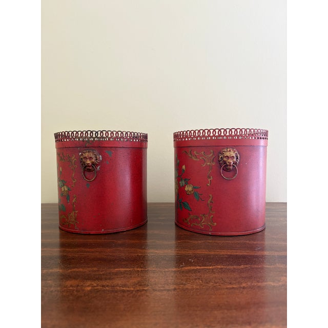 Pair of Antique French Neoclassical Red & Gold Tole Cachepot With Lion Heads For Sale - Image 9 of 10