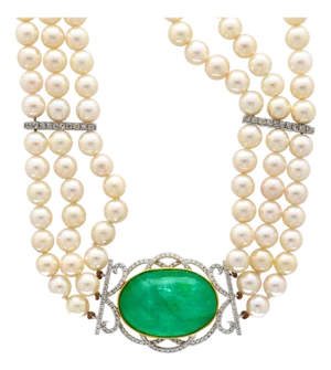 Vintage Victorian Style Cabochon Emerald and 3-Strand Pearl Choker Necklace