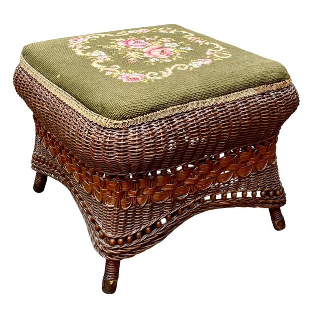 Victorian Antique Heywood Wakefield Wicker Foot Stool Ottoman For Sale - Image 3 of 16