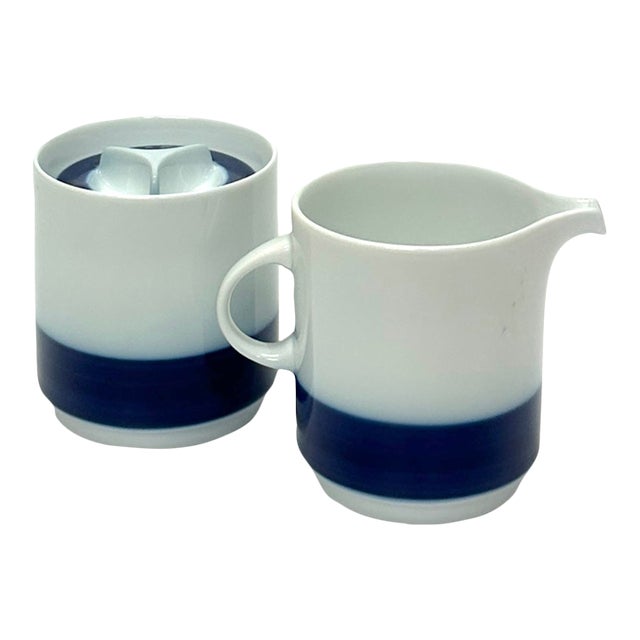 Mid 20th Century Minimalist Blue & White Creamer & Sugar Bowl Set by Thomas Germany For Sale