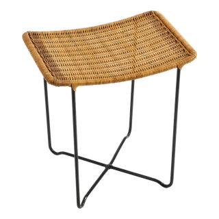 Mid-Century Modern Rattan Stool with Black Iron Frame, 1950s For Sale
