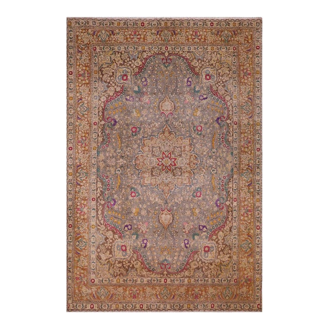 Shabby Chic Hand Painted Vintage 1990's Gray/Brown Wool Rug - 9'9'' X 12'10'' For Sale