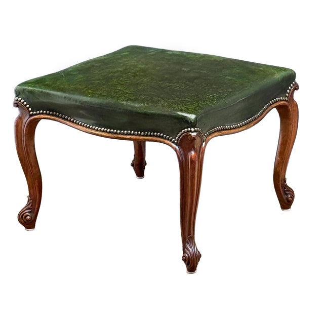 Wood French Ottoman or Stool of Emerald Green Leather on Cabriole Legs For Sale - Image 7 of 15