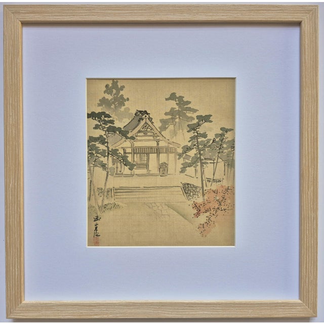 Set of 4 Antique Japanese Meiji era paintings of temples and landscapes. Painted on silk. These paintings have been...