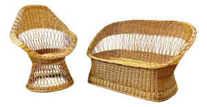 1970s Vintage Coastal Boho Chic Wicker Settee & Chair 2 Piece Set - After Adrian Pearsall.