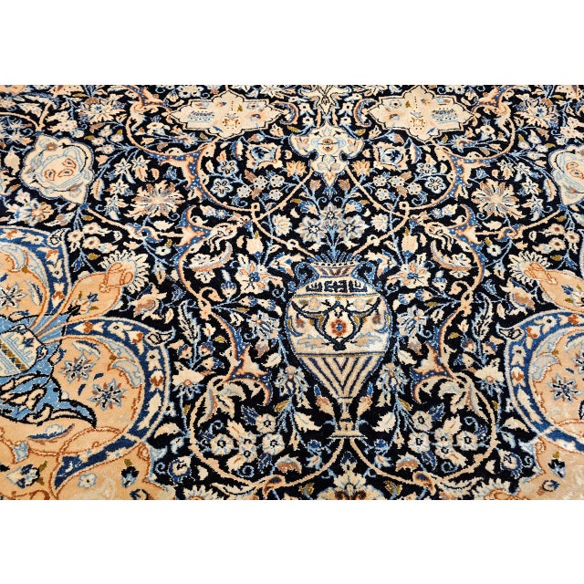 Vintage Persian Nain Area Rug, Hand-Knotted Wool & Silk, Floral Pattern, 9x13, Navy & Ivory For Sale - Image 14 of 18