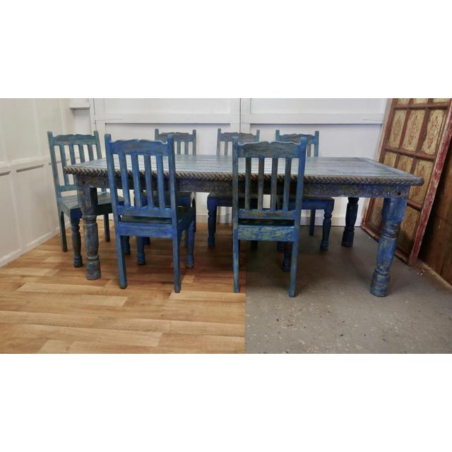 Large Carved Folk Art Painted Table and Chairs, 1920, Set of 7 For Sale - Image 4 of 16
