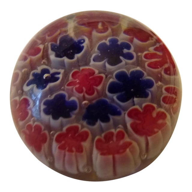 Vintage Millefiori Red and Blue Murano Blown Glass Paperweight For Sale