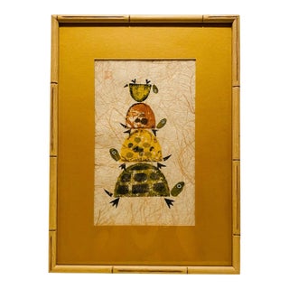 1960s Mid Century Modern Stacked Turtles Signed Japanese Potato Print For Sale