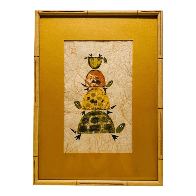 1960s Mid Century Modern Stacked Turtles Signed Japanese Potato Print For Sale