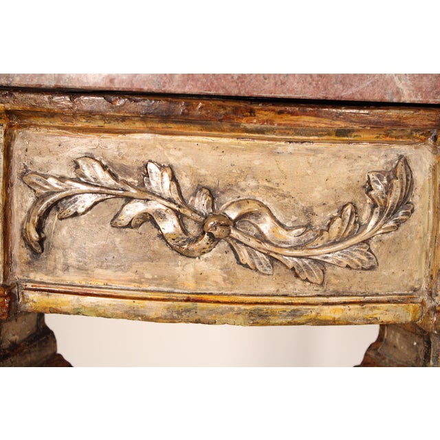 Antique White Antique Louis XVI Style Silver Leaf and Painted Marble Top Console Table For Sale - Image 8 of 11