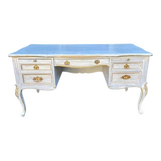 Louis XV Style Blue Paint Decorated & Gilt Bronze Mounted Writing Table Desk For Sale