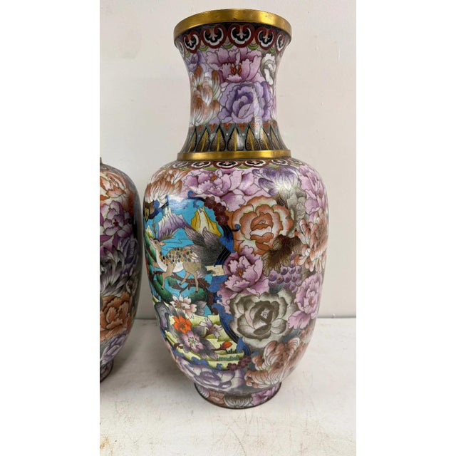 Chinese Pair of Large Chinese Cloisonne Enamel Vases Deer Animals Flowers Pink For Sale - Image 3 of 9