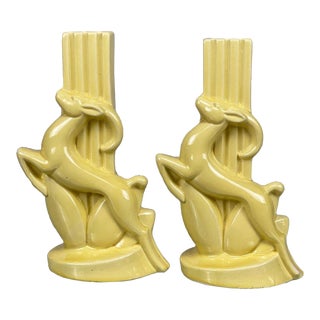 Mid-Century Art Deco Porcelain Yellow Impala Gazelle Figural Sculptures - a Pair For Sale