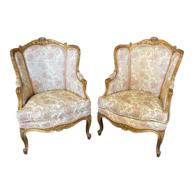 Exquisite French Louis XV Giltwood Wingback Chairs -A Pair For Sale