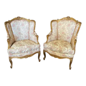 Exquisite French Louis XV Giltwood Wingback Chairs -A Pair