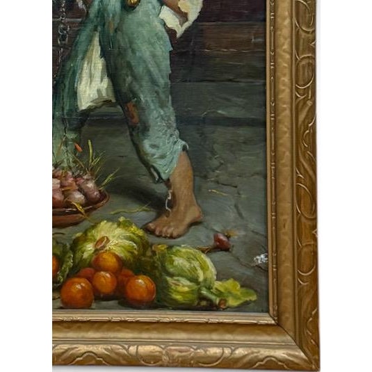 Wood Antique 19th Century Italian Oil Painting by Adolfo Dumini Boy Weighing Vegetables in Ornate Gold Frame For Sale - Image 7 of 13