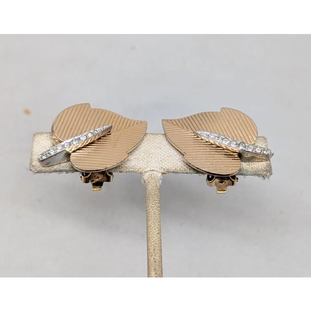 Metal Vintage Signed Boucher Goldtone Leaves With Clear Rhinestones Clip Earrings-2 Pieces For Sale - Image 7 of 12