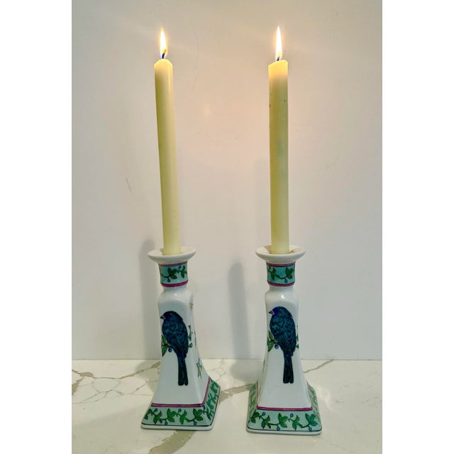 Look how cute the little blue birds are on these candlesticks. Vintage Winterthur porcelain candlesticks will add such a...