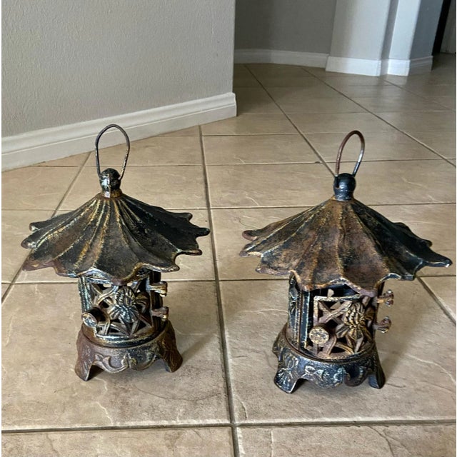 Pair Antique Chinese Iron Pagoda Garden Candle Lanterns For Sale - Image 12 of 13