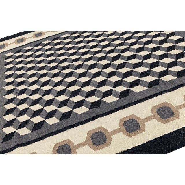 Contemporary Navajo Style Geometric Wool Area Rug – Optical Cubes in Charcoa For Sale - Image 4 of 9