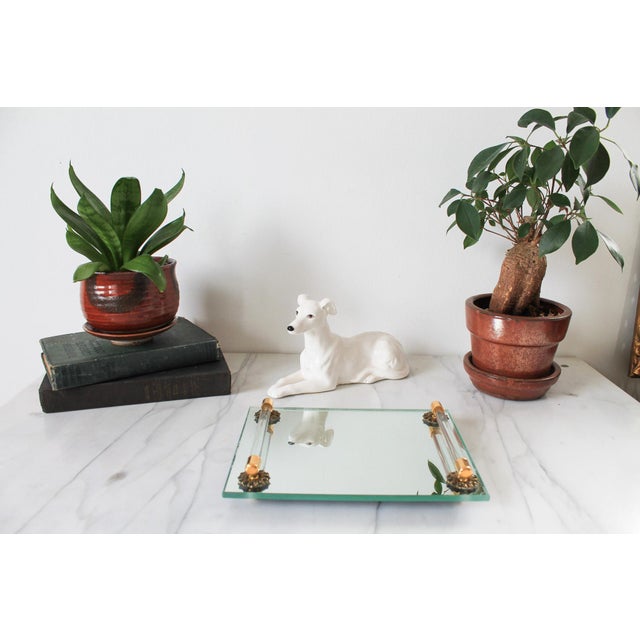 Vintage rectangular mirror, brass and Lucite vanity or perfume tray. No makers mark. Some age marks to the edge of mirror....