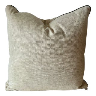 Custom Beige Wool Twill Pillow-Leather Trim-Feather Insert-20" For Sale