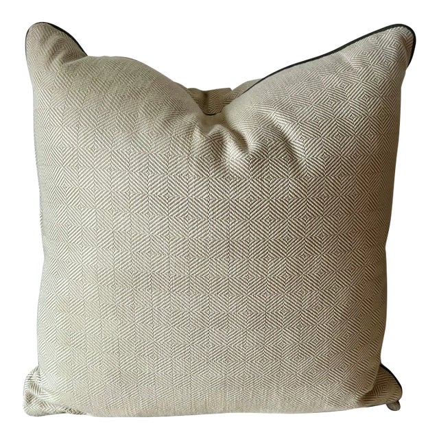 Custom Beige Wool Twill Pillow-Leather Trim-Feather Insert-20" For Sale