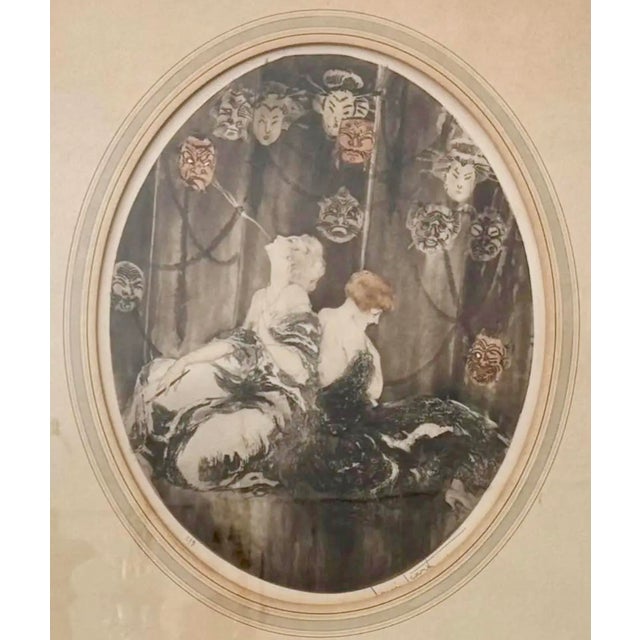 Antique Louis Icart Les Masques Hand Colored Print c.1926 . Pencil signed and numbered 297.