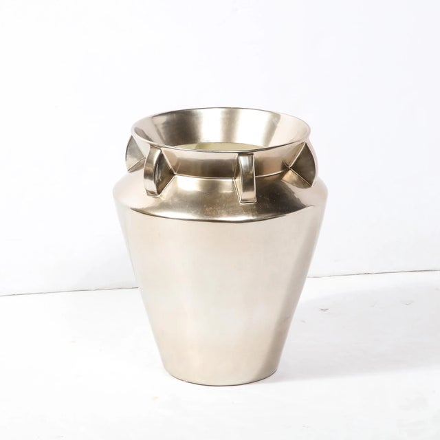 Platinum Late 20th Century Modernist Urn Form Ceramic Vase With Streamlined Detailing and Platinum Glaze For Sale - Image 8 of 11