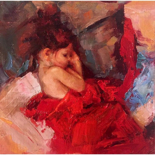 Logan Study by Jenna Anderson | Oil on canvas of a girl in a red blanket sleeping. For Sale
