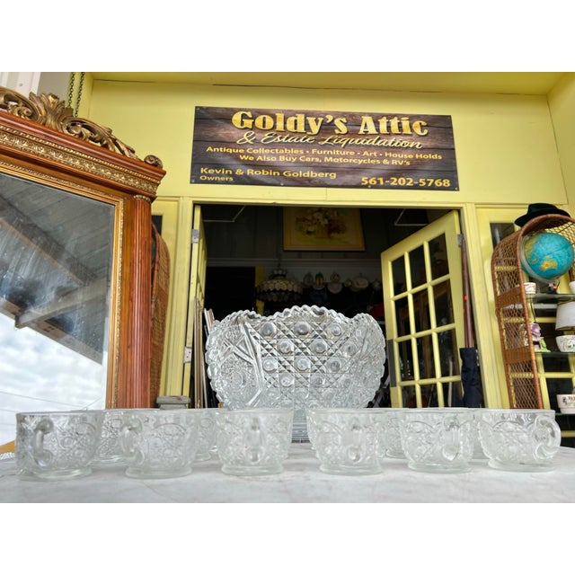 Vintage Heavy Glass Daisy & Button Punch Bowl Pattern Set With 18 Cups by Le Smith For Sale - Image 11 of 11