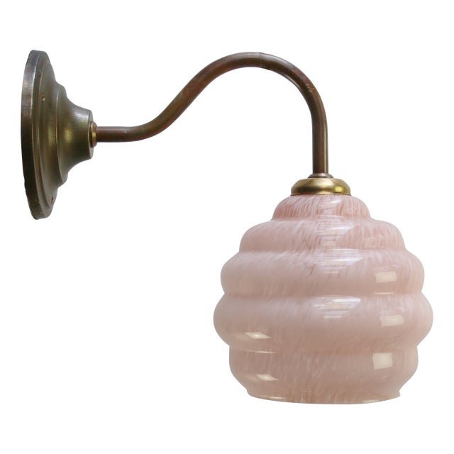 French Pink Clichy Glass Brass Wall Lamp For Sale