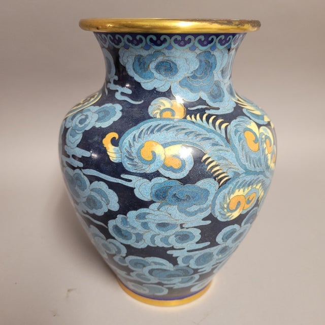 1950s Chinese Cloisonné Vase With Dragon and Phoenix on Blue Ground, Mid-20th Century For Sale - Image 5 of 13