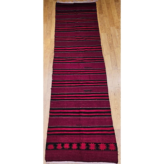 Red Vintage Turkish Hand Woven Kilim Runner, Wool & Cotton, Stripe Design, 3x12 For Sale - Image 8 of 15