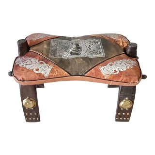 Vintage Camel Saddle Ottoman Stool Footstool With Leather Cushion For Sale