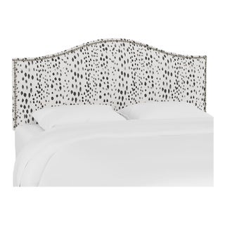 King Camelback Headboard in Linen Leopard Ink with Pewter Nails For Sale