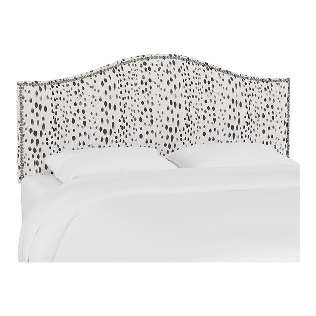 King Camelback Headboard in Linen Leopard Ink with Pewter Nails For Sale