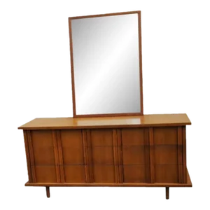 1960s American of Martinsville 9 Drawer Walnut Dresser With Matching Mirror