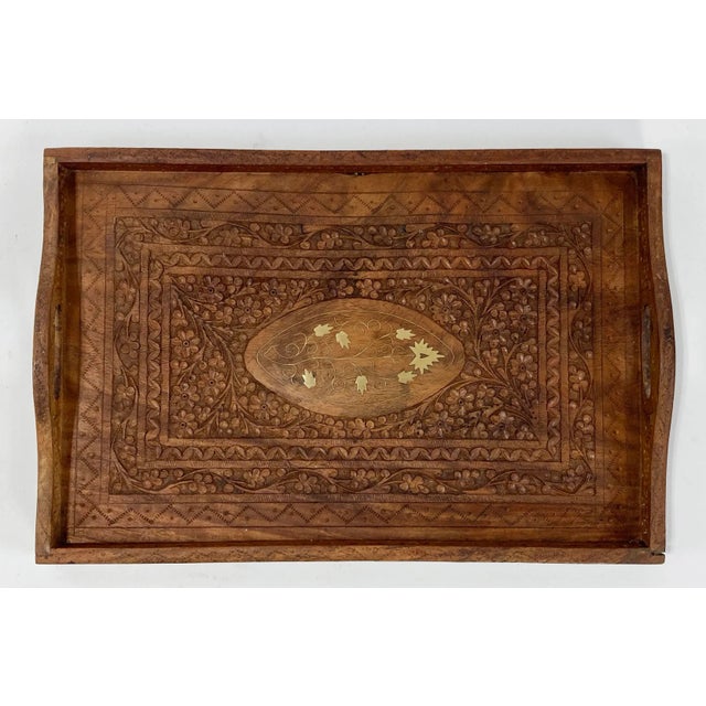 Indian Vintage Indian Hand-Carved Shesham Wood Tray For Sale - Image 3 of 8