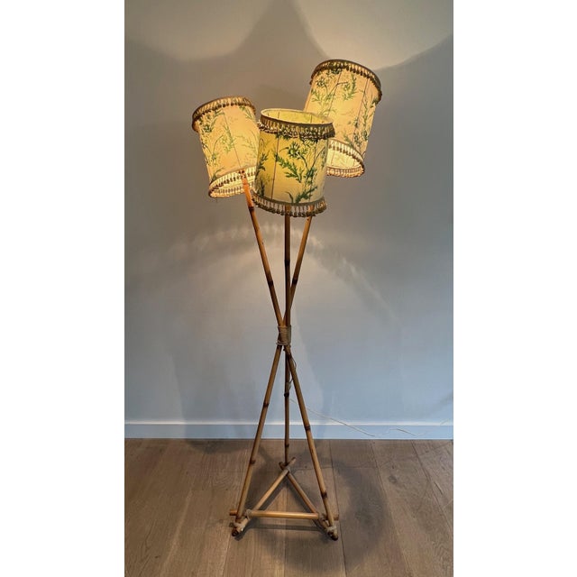 1970s 1970s Bamboo and Rope 3 Lights Floor Lamp, French Work in the Style of Audoux Minet For Sale - Image 5 of 12