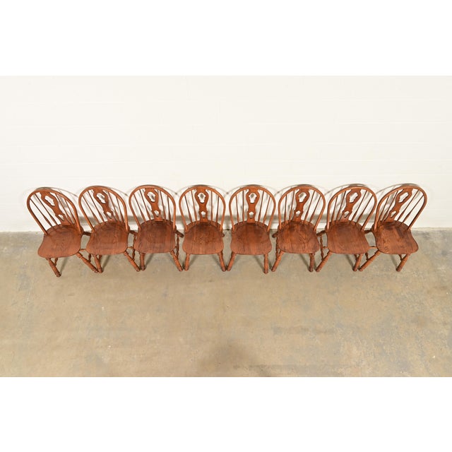 1980s Ethan Allen Style American Colonial Solid Oak Spindle Back Windsor Dining Chairs, Set of Eight For Sale - Image 5 of 9