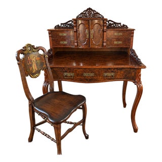 Antique 19th Century Ladies Writing Desk With Matching Hand Painted Chair For Sale