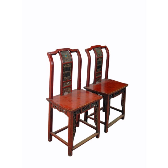 Pair Antique Chinese Blue Eye Side Chairs For Sale - Image 4 of 12