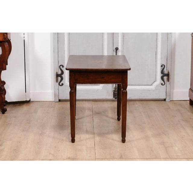 Italian 1890s Walnut Side Table with Elm Marquetry Star, Drawer and Turned Legs For Sale - Image 10 of 12