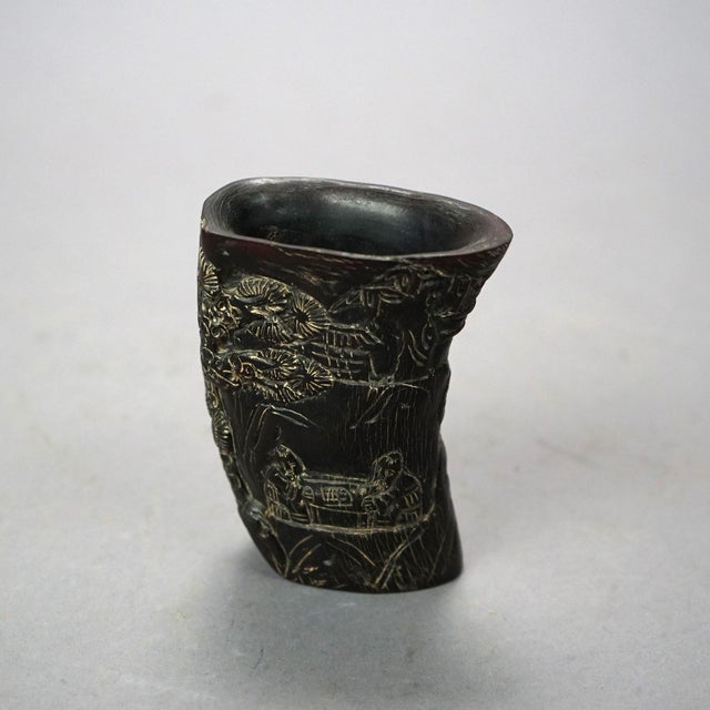 Asian Asian Carved Libation Cup, Genre Scene with Men in Chess Game, Early 20th Century For Sale - Image 3 of 7