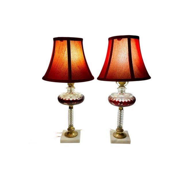 Victorian Era Etched Cranberry Glass Boudoir Table Lamps Pair For Sale - Image 9 of 12
