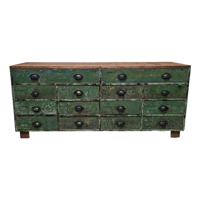 Industrial Green Wooden Drawer Cabinet For Sale