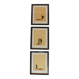 Vintage Framed Minimalist Watercolor Wall Art S/3 For Sale